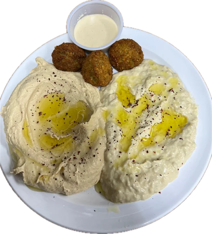 Plate of hummus, baba ghanouj and three falafel with tahini